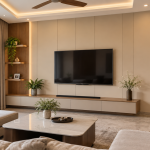 Mẫu phòng khách ốp tường Nano vân gỗ kết hợp nội thất hiện đại