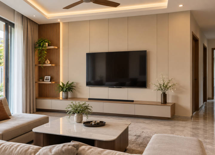 Mẫu phòng khách ốp tường Nano vân gỗ kết hợp nội thất hiện đại
