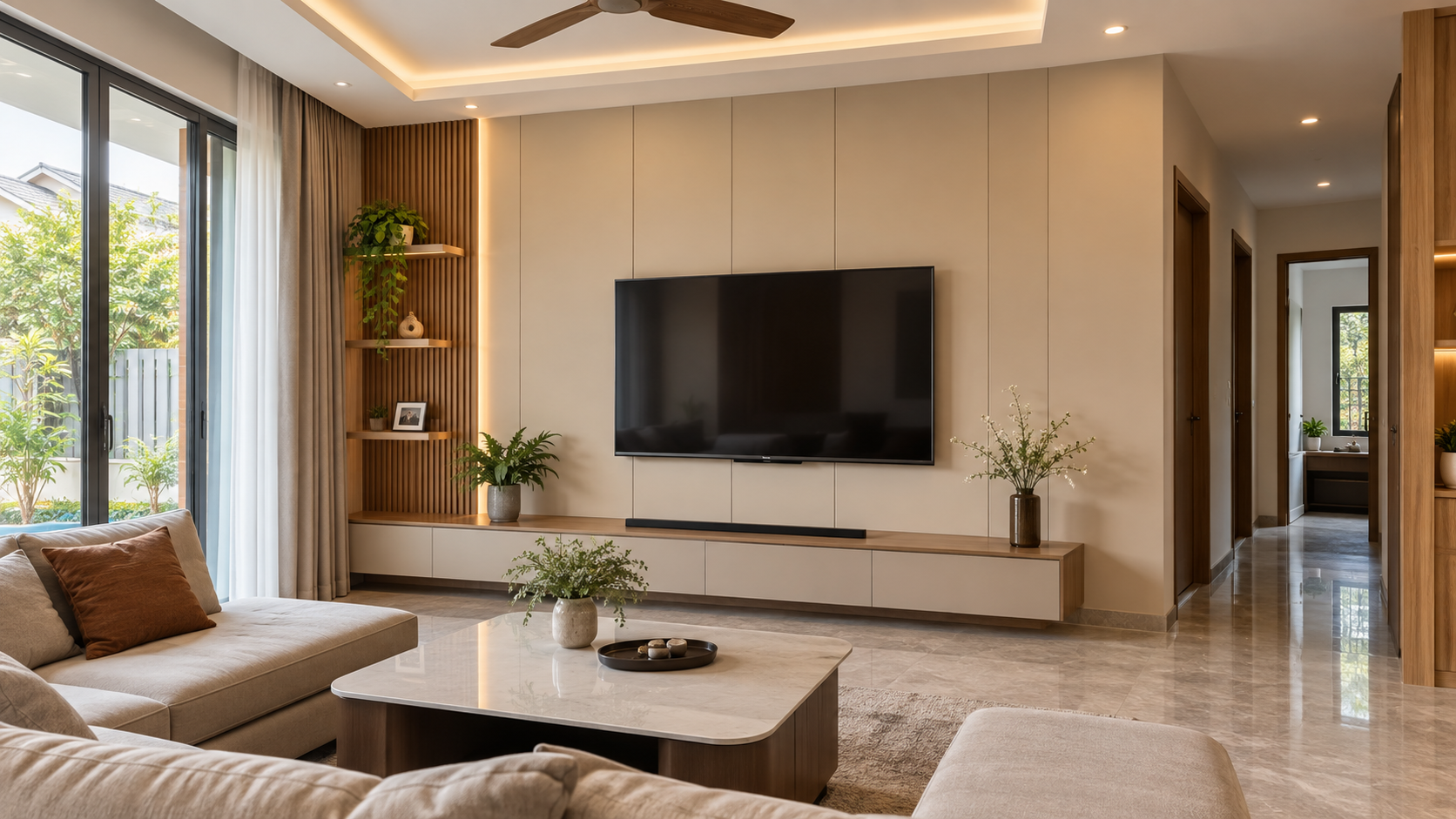 Mẫu phòng khách ốp tường Nano vân gỗ kết hợp nội thất hiện đại