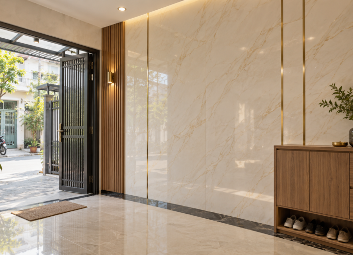 Mẫu sảnh vào nhà ốp PVC vân đá