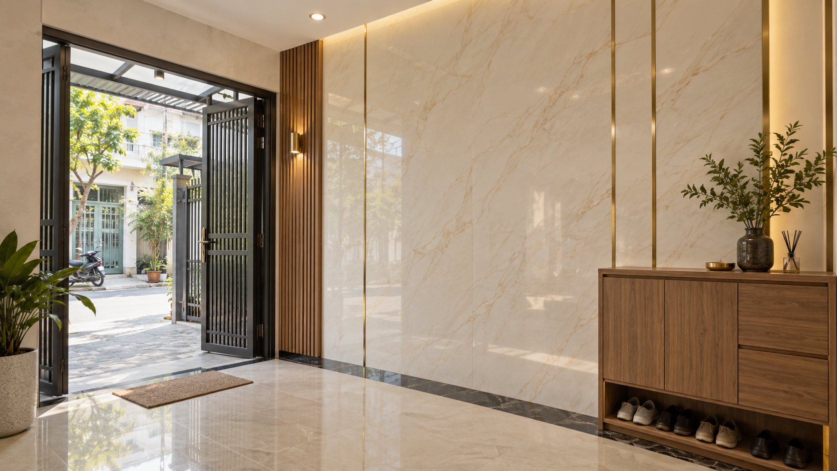 Mẫu sảnh vào nhà ốp PVC vân đá