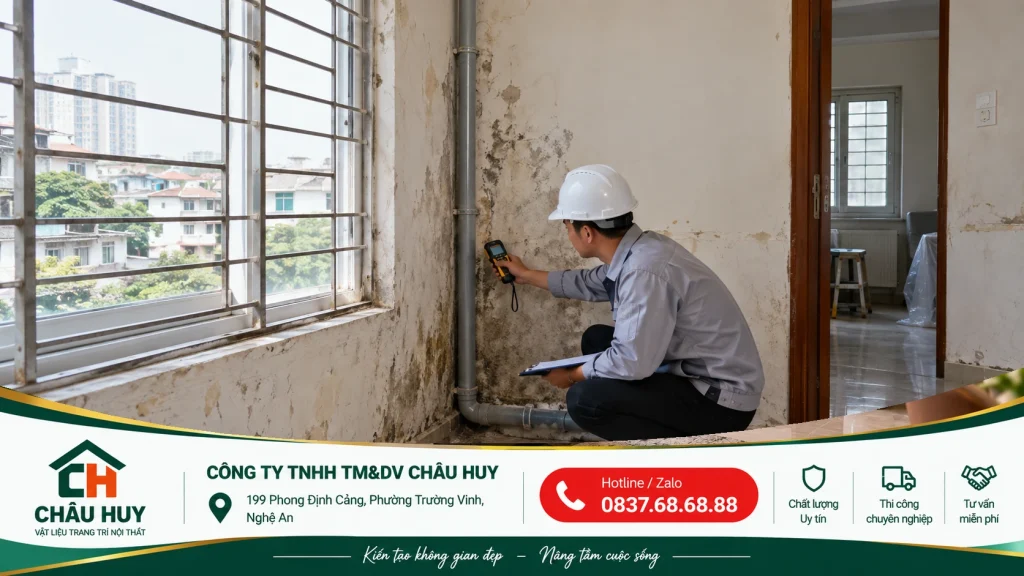 Khảo sát hiện trạng tường ẩm trước khi thi công tại Cửa Lò