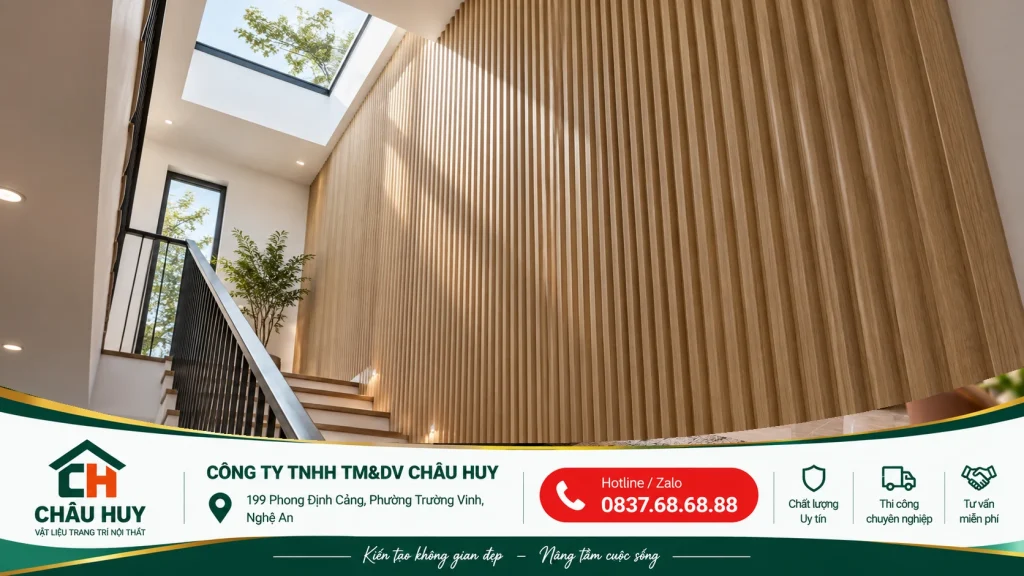 Ốp tường cầu thang bằng lam sóng vân gỗ