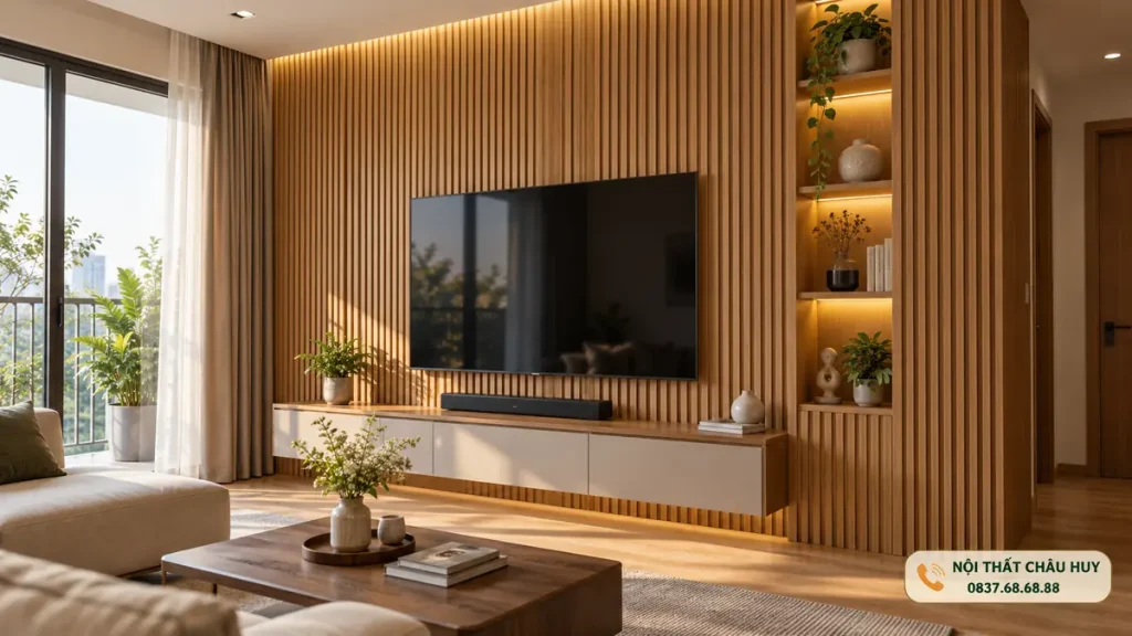 Ốp lam sóng tường phòng khách tại Vinh Hưng