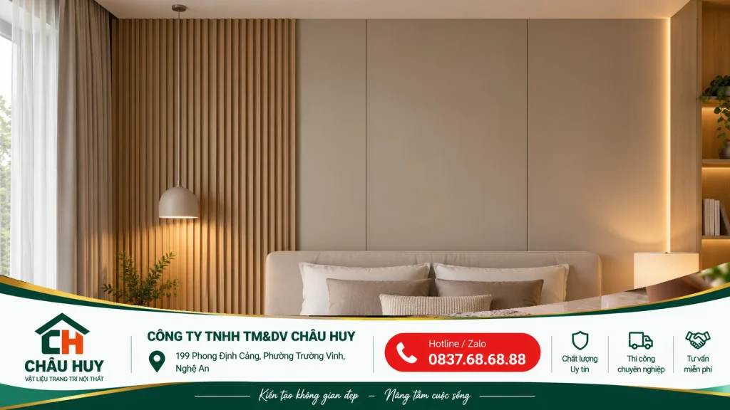 Phòng ngủ ốp lam sóng vân gỗ kết hợp đèn hắt ấm cúng