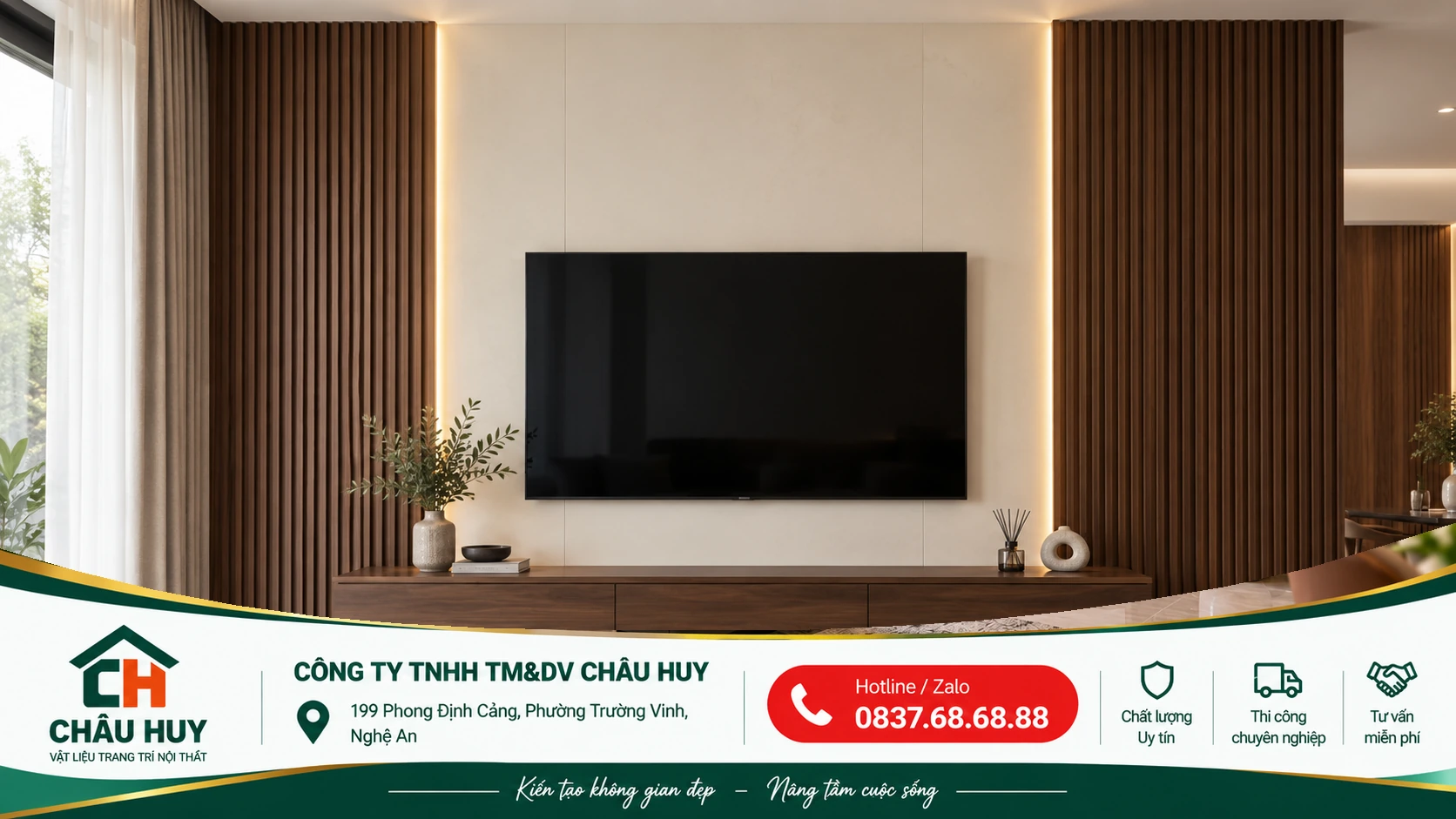 Thi công tấm lam sóng vách tivi vân gỗ óc chó tại Nghệ An