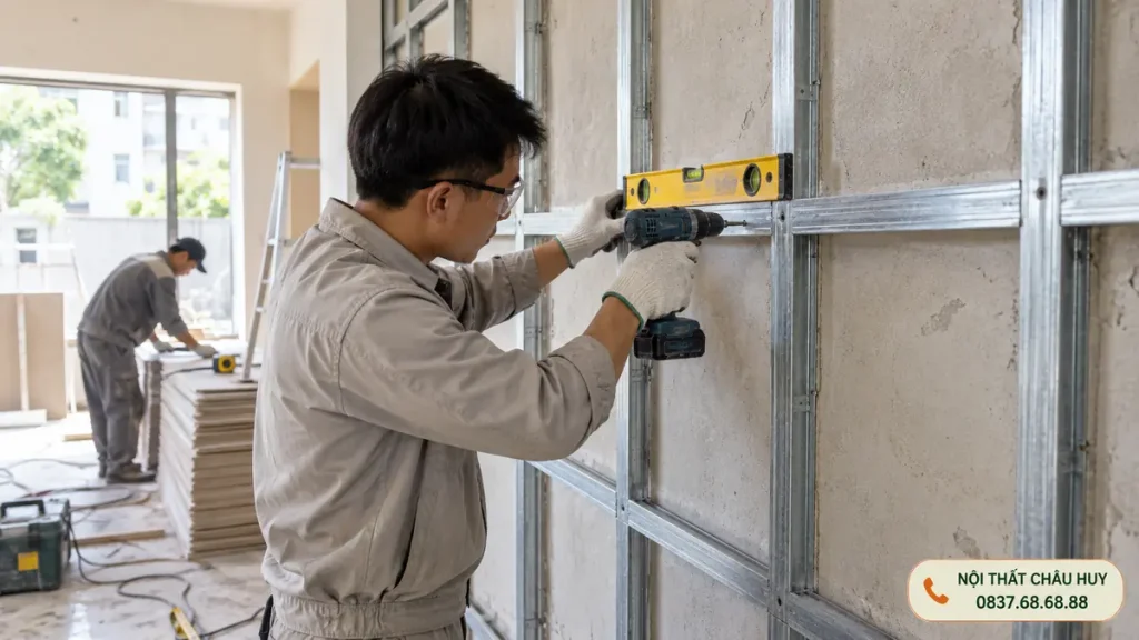 Lắp khung xương thi công tấm ốp tường tại Vinh Lộc
