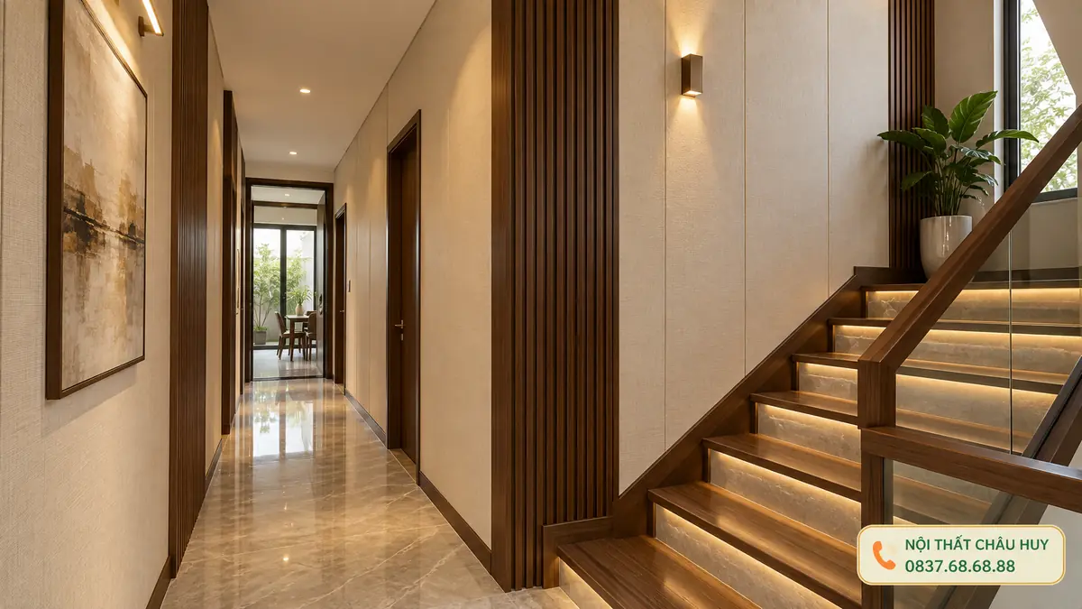 Ốp tường hành lang bằng lam sóng và than tre