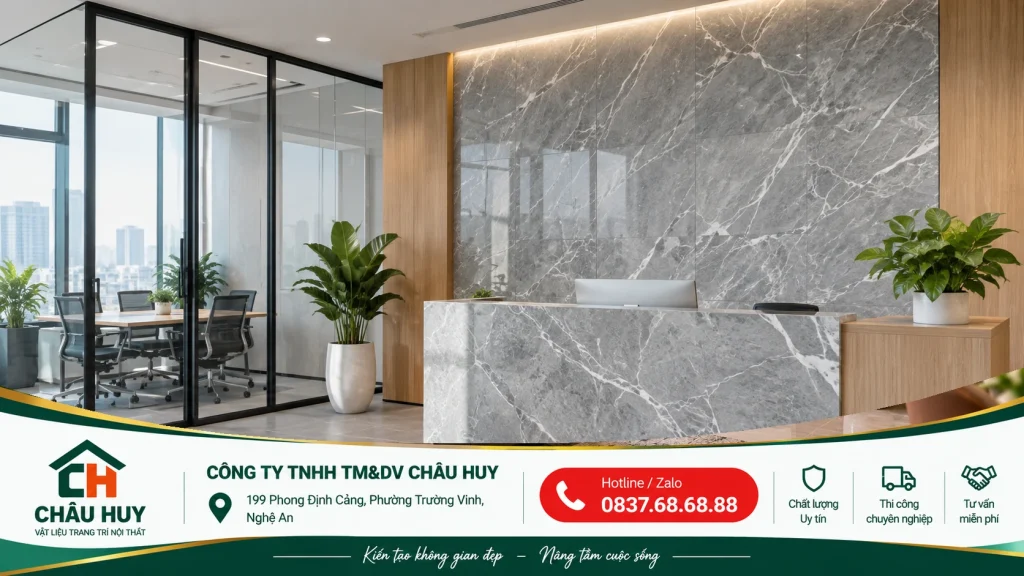Mẫu hoàn thiện tham khảo quầy lễ tân ốp PVC vân đá cho văn phòng, showroom