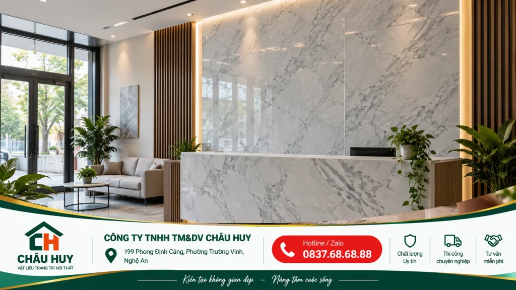 Mẫu hoàn thiện tham khảo quầy lễ tân ốp PVC vân đá trắng cho văn phòng, showroom