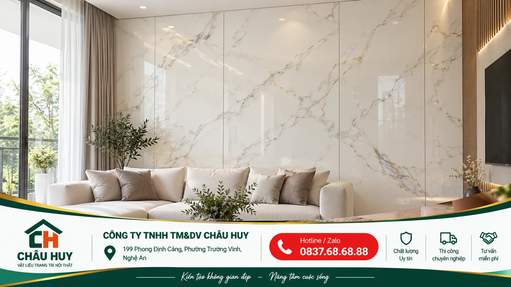 Tấm PVC vân đá ốp tường phòng khách tại Nghệ An