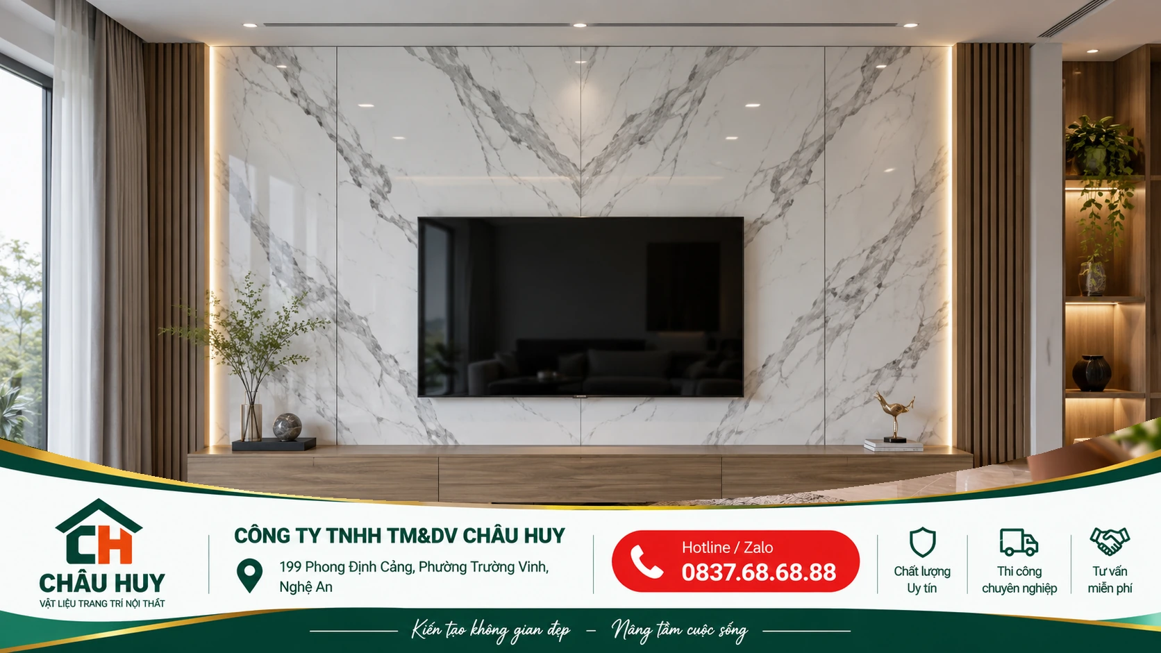 Vách tivi ốp PVC vân đá tại Vinh