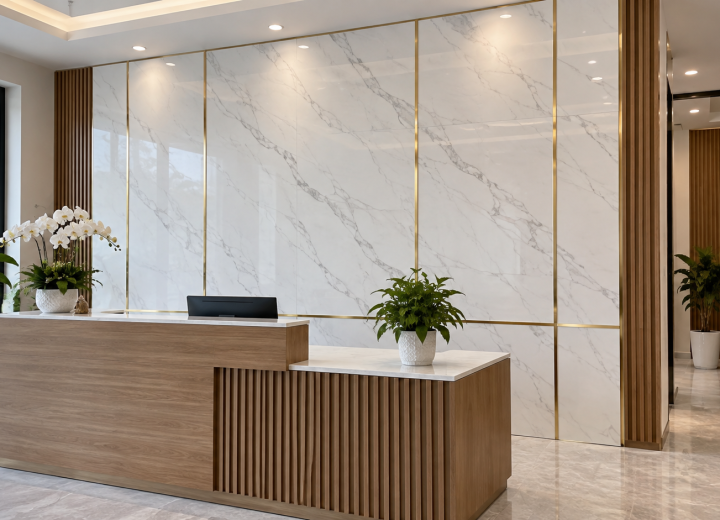 Mẫu quầy lễ tân ốp PVC vân đá trắng cho văn phòng, showroom