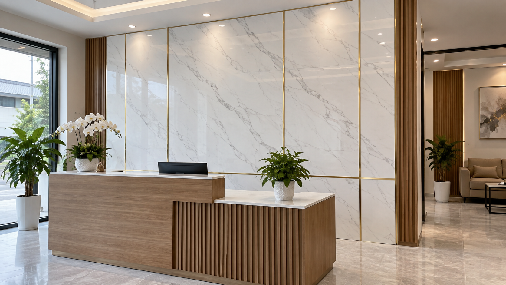 Mẫu quầy lễ tân ốp PVC vân đá trắng cho văn phòng, showroom