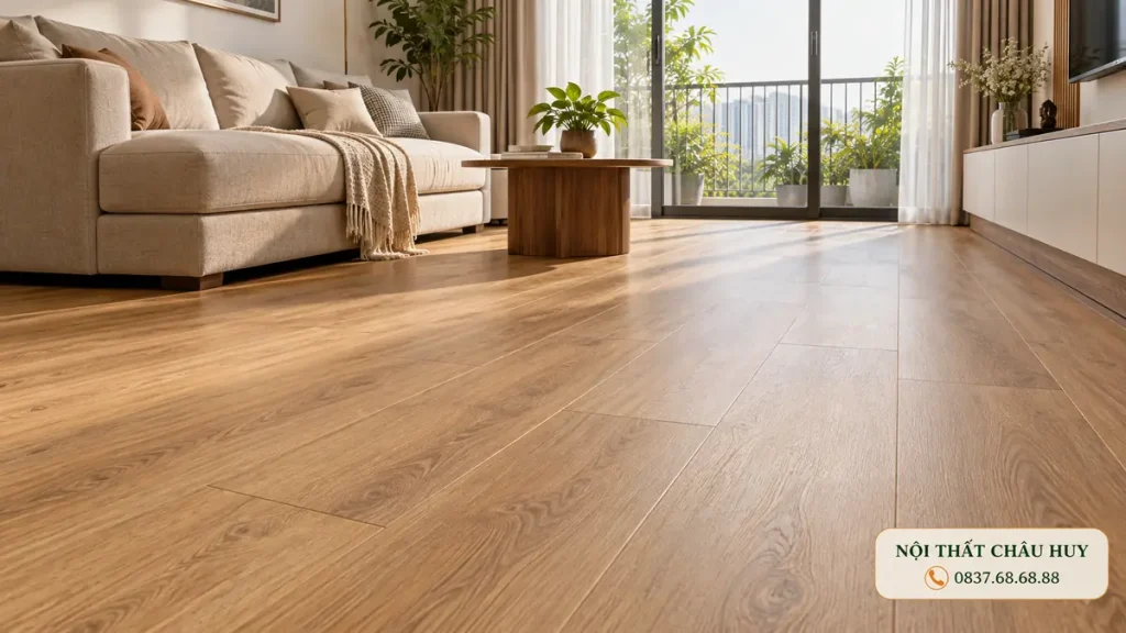 Sàn nhựa hèm khóa phòng khách nhà cấp 4