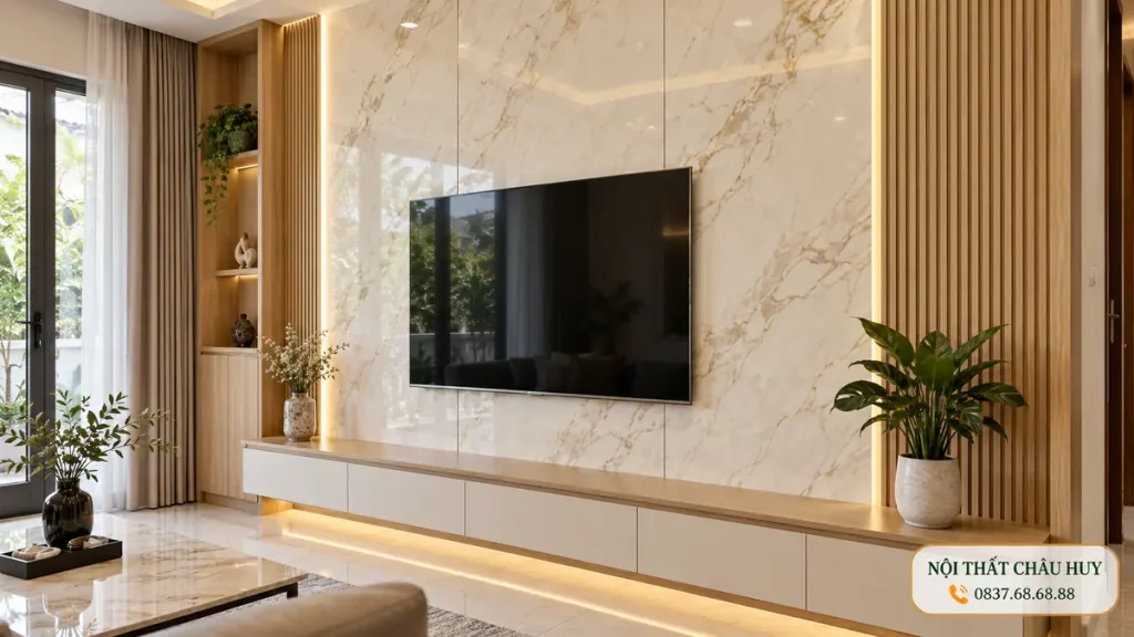 Ốp vách tivi bằng tấm PVC vân đá tại Thành Vinh