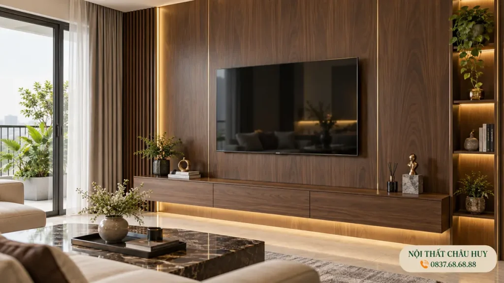 Ốp vách tivi phòng khách bằng tấm than tre tại Trường Vinh