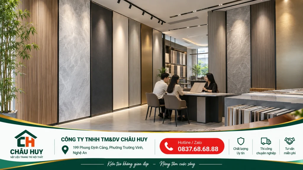Khu trưng bày tấm than tre trong showroom vật liệu nội thất