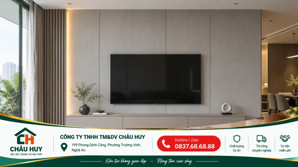 Không gian tham khảo vách tivi ốp tấm than tre kết hợp lam sóng, gợi ý phối hợp vật liệu cho phòng khách