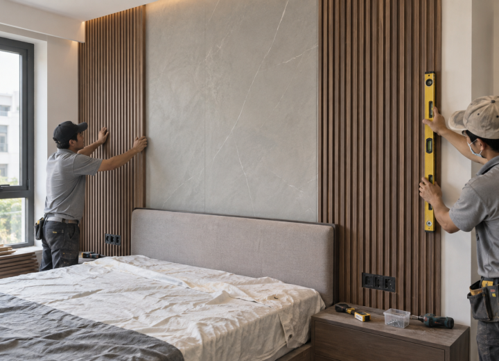 Thi công lam sóng cho vách đầu giường