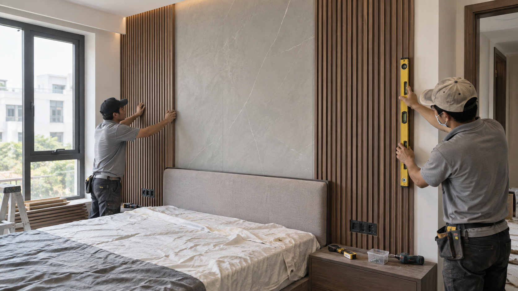 Thi công lam sóng cho vách đầu giường