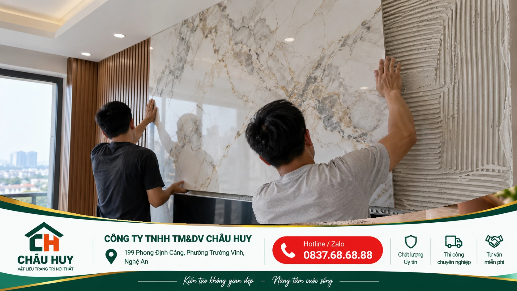 Thi công tấm PVC vân đá vách tivi tại Nghệ An