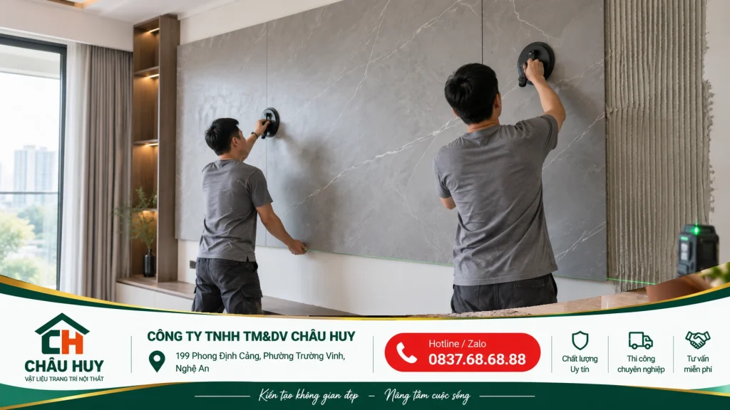 Thi công vách tivi bằng tấm than tre