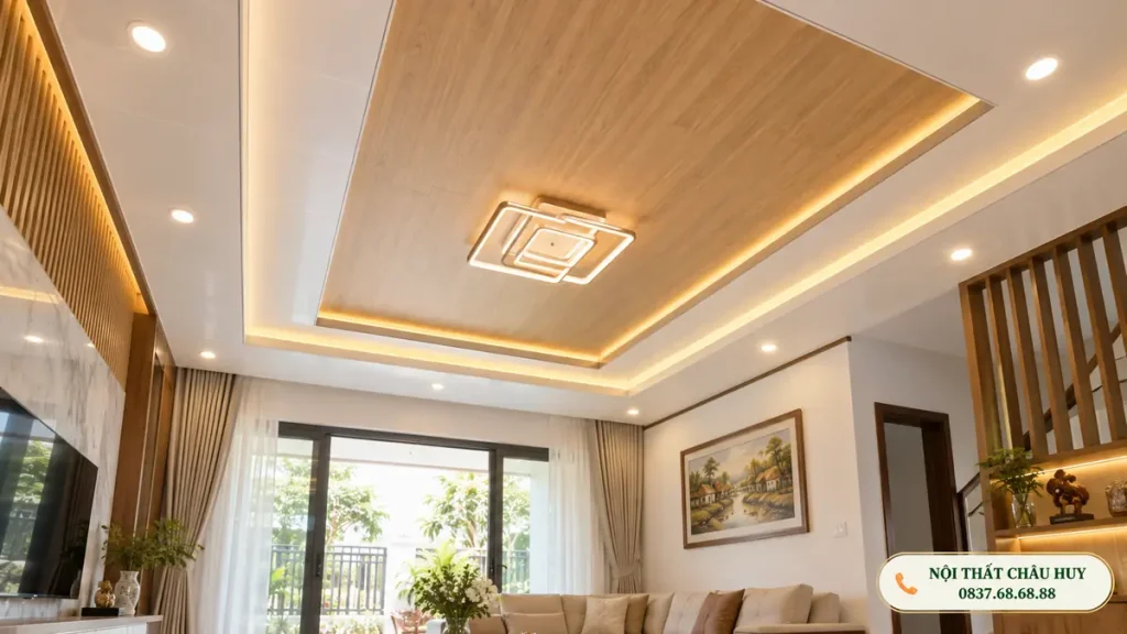 Thi công trần nhựa kết hợp đèn LED tại Vinh Hưng