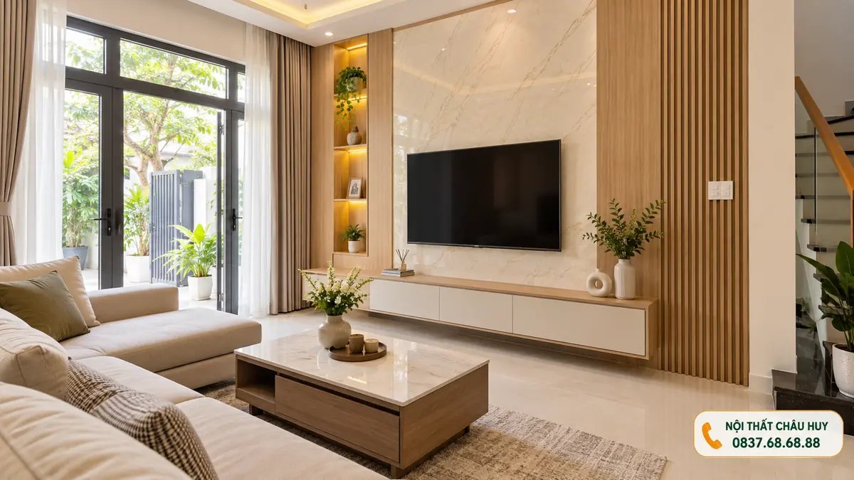 Thi công vách tivi ốp tường trần nhựa tại Hưng Nguyên