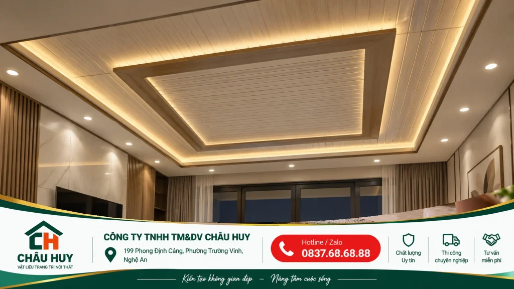 Trần nhựa giật cấp kết hợp đèn LED cho phòng khách