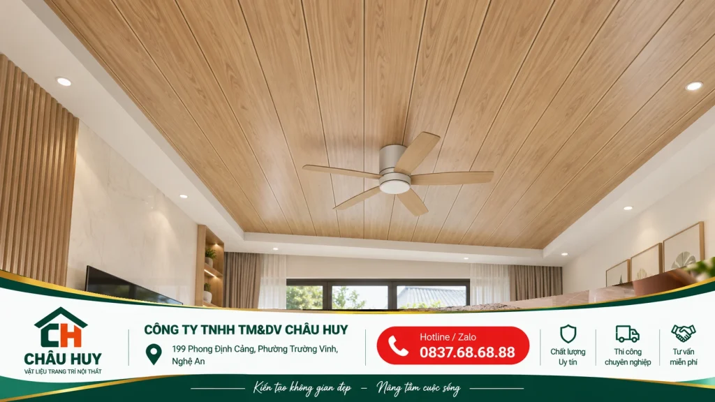 Mẫu trần nhựa vân gỗ ứng dụng cho hiên nhà