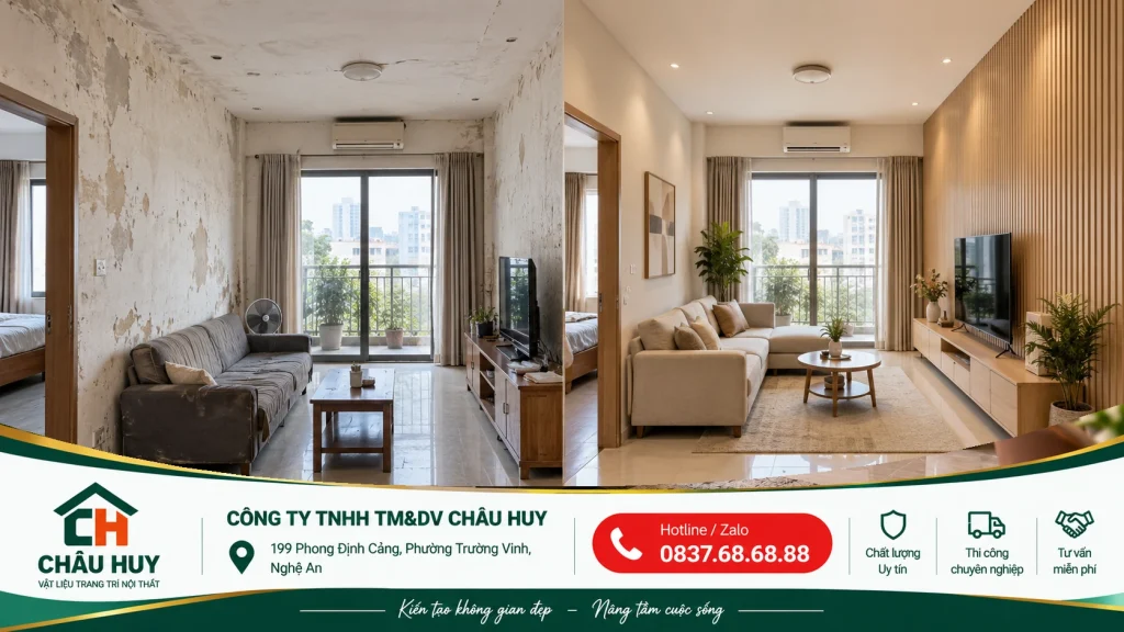 So sánh trước và sau khi cải tạo phòng khách bằng tấm ốp