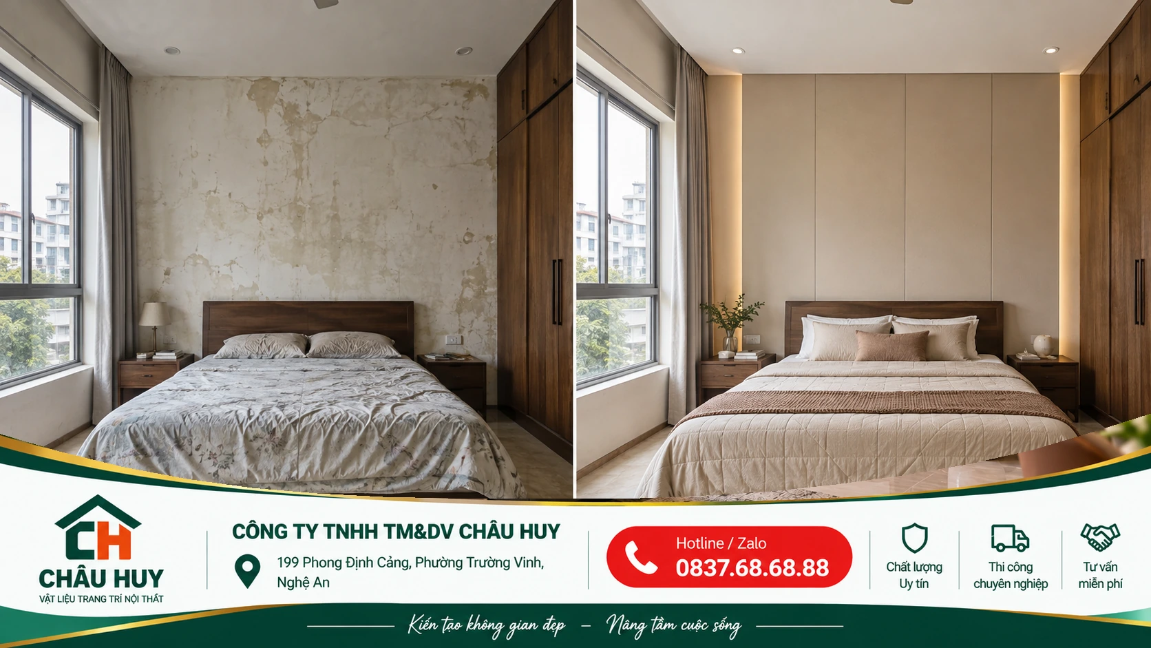 Trước sau cải tạo phòng ngủ bằng tấm ốp tường