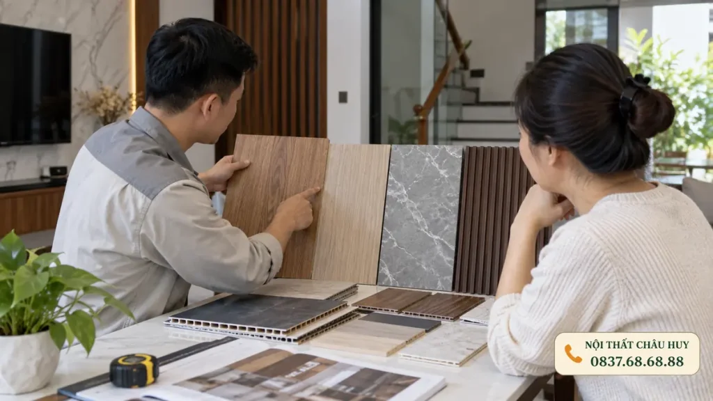 Tư vấn chọn mẫu tấm ốp tường tại nhà khách hàng Vinh Lộc