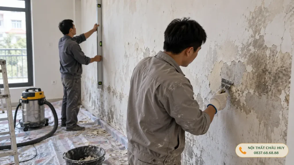 Xử lý tường ẩm mốc bong tróc trước khi ốp tấm nhựa tại Trường Vinh